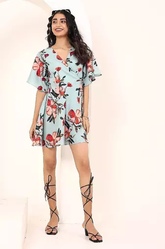 Navy blue tropical print angrakha style cotton kurta top