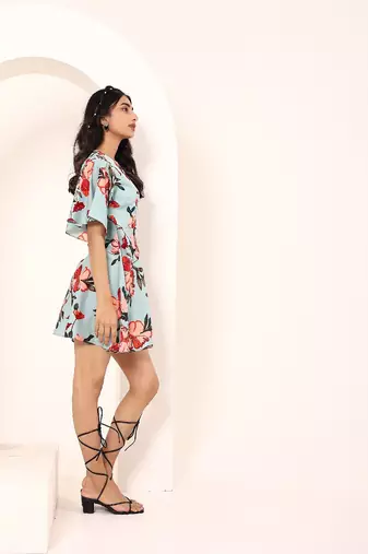 Navy blue tropical print angrakha style cotton kurta top