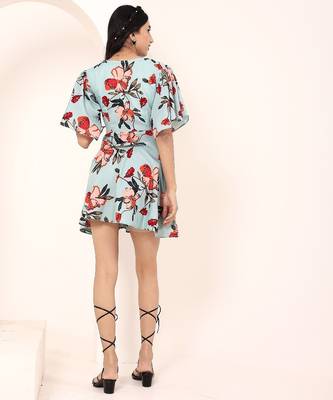 Navy blue tropical print angrakha style cotton kurta top 5