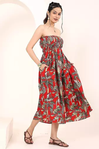 Navy blue tropical print angrakha style cotton kurta top
