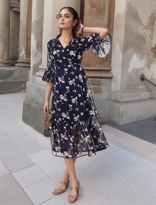 Navy blue tropical print angrakha style cotton kurta top 1