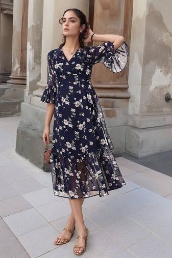 Navy blue tropical print angrakha style cotton kurta top