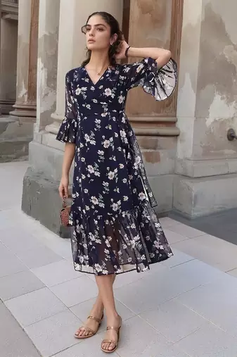 Navy blue tropical print angrakha style cotton kurta top