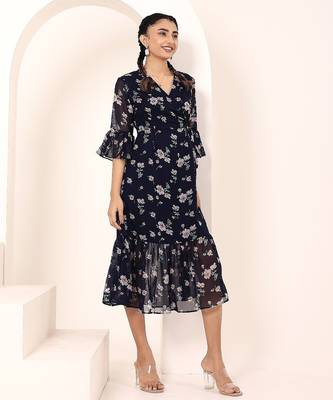 Navy blue tropical print angrakha style cotton kurta top 2