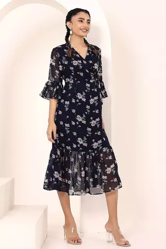Navy blue tropical print angrakha style cotton kurta top