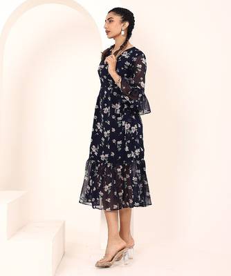 Navy blue tropical print angrakha style cotton kurta top 3
