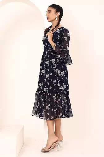 Navy blue tropical print angrakha style cotton kurta top