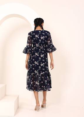 Navy blue tropical print angrakha style cotton kurta top 4