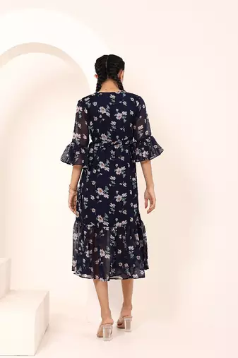 Navy blue tropical print angrakha style cotton kurta top