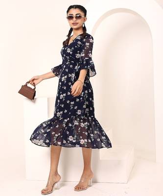 Navy blue tropical print angrakha style cotton kurta top 5