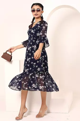 Navy blue tropical print angrakha style cotton kurta top