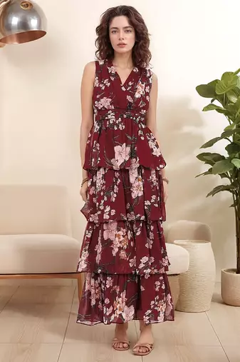 Navy blue tropical print angrakha style cotton kurta top