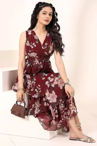 Navy blue tropical print angrakha style cotton kurta top