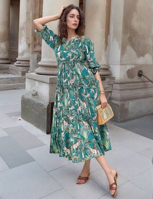 Navy blue tropical print angrakha style cotton kurta top 1
