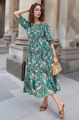 Navy blue tropical print angrakha style cotton kurta top