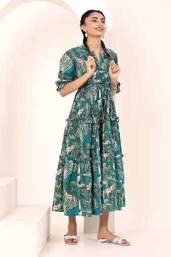 Navy blue tropical print angrakha style cotton kurta top