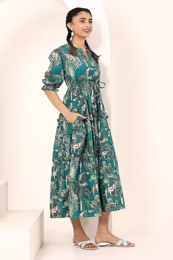 Navy blue tropical print angrakha style cotton kurta top