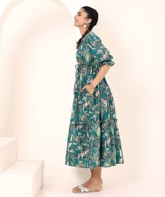 Navy blue tropical print angrakha style cotton kurta top 4
