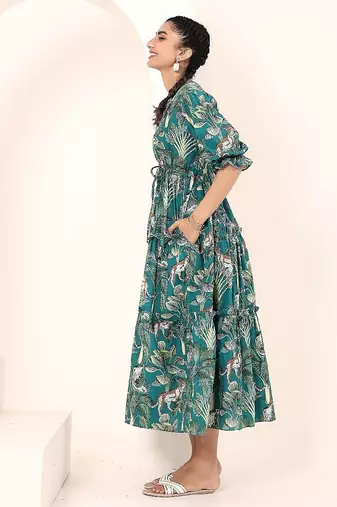 Navy blue tropical print angrakha style cotton kurta top