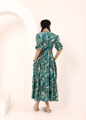 Navy blue tropical print angrakha style cotton kurta top 5