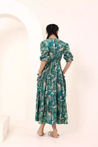 Navy blue tropical print angrakha style cotton kurta top