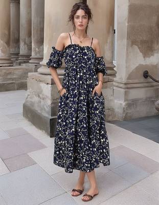 Navy blue tropical print angrakha style cotton kurta top 1