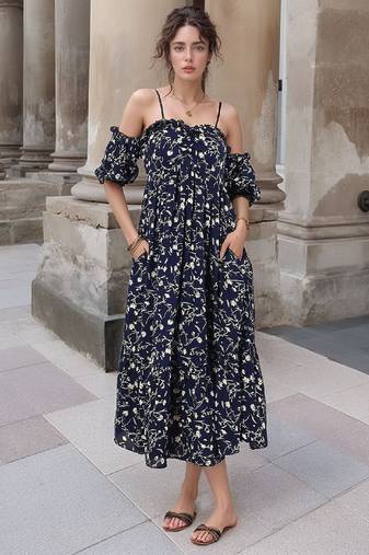 Navy blue tropical print angrakha style cotton kurta top