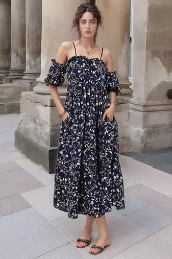 Navy blue tropical print angrakha style cotton kurta top