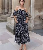 Navy blue tropical print angrakha style cotton kurta top