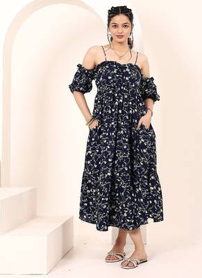 Navy blue tropical print angrakha style cotton kurta top 2