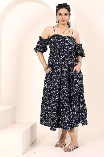 Navy blue tropical print angrakha style cotton kurta top