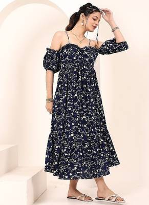 Navy blue tropical print angrakha style cotton kurta top 3