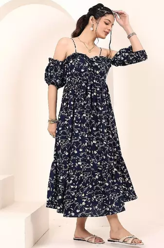 Navy blue tropical print angrakha style cotton kurta top