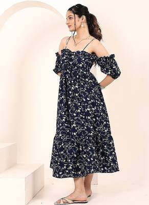 Navy blue tropical print angrakha style cotton kurta top 4