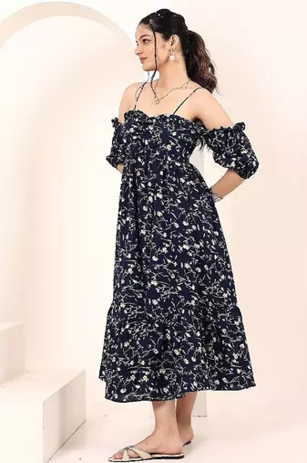 Navy blue tropical print angrakha style cotton kurta top