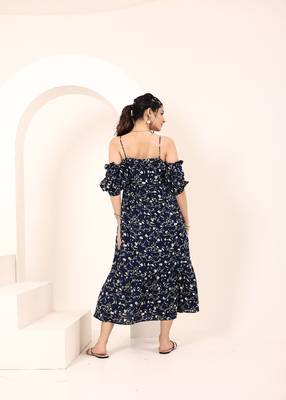 Navy blue tropical print angrakha style cotton kurta top 5