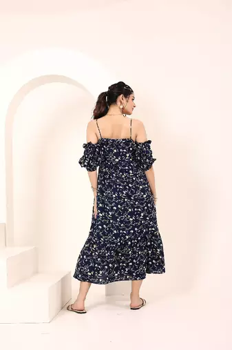 Navy blue tropical print angrakha style cotton kurta top