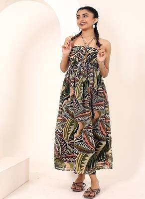 Navy blue tropical print angrakha style cotton kurta top 2