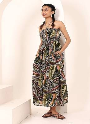 Navy blue tropical print angrakha style cotton kurta top 4