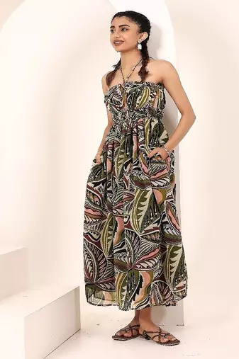 Navy blue tropical print angrakha style cotton kurta top