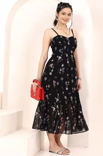 Navy blue tropical print angrakha style cotton kurta top