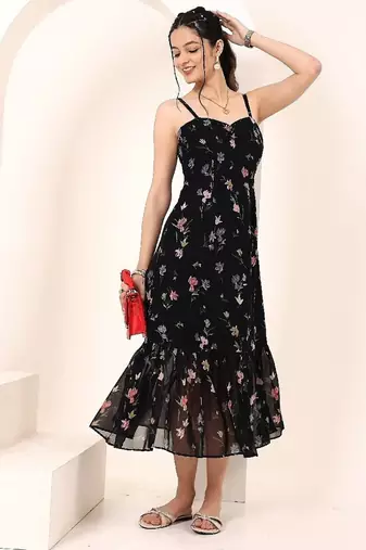 Navy blue tropical print angrakha style cotton kurta top