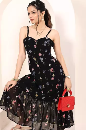 Navy blue tropical print angrakha style cotton kurta top
