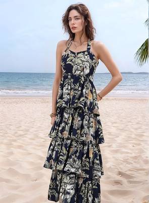 Navy blue tropical print angrakha style cotton kurta top 1