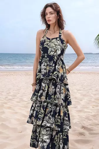 Navy blue tropical print angrakha style cotton kurta top