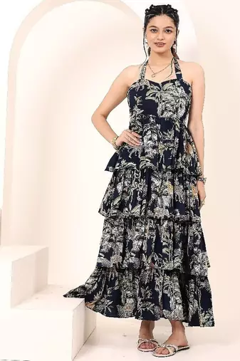 Navy blue tropical print angrakha style cotton kurta top