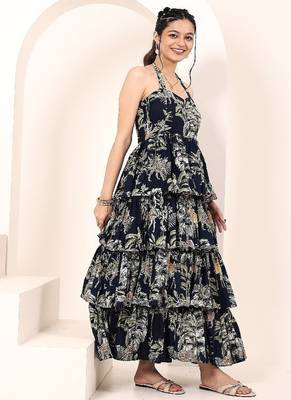 Navy blue tropical print angrakha style cotton kurta top 4