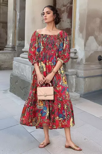 Navy blue tropical print angrakha style cotton kurta top