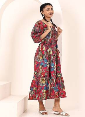 Navy blue tropical print angrakha style cotton kurta top 2