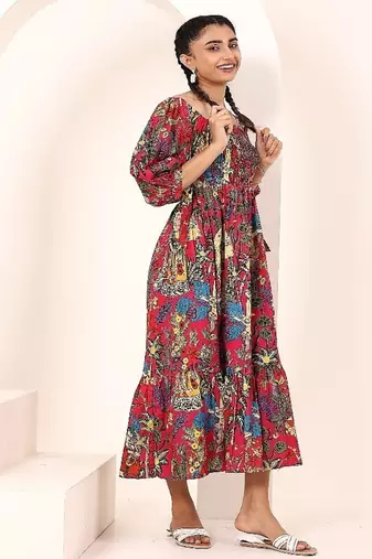 Navy blue tropical print angrakha style cotton kurta top